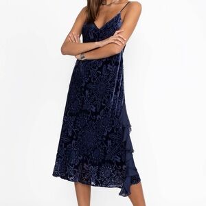Johnny Was\Jade | Elegant Navy Blue Floral Dress w Ruffle accent